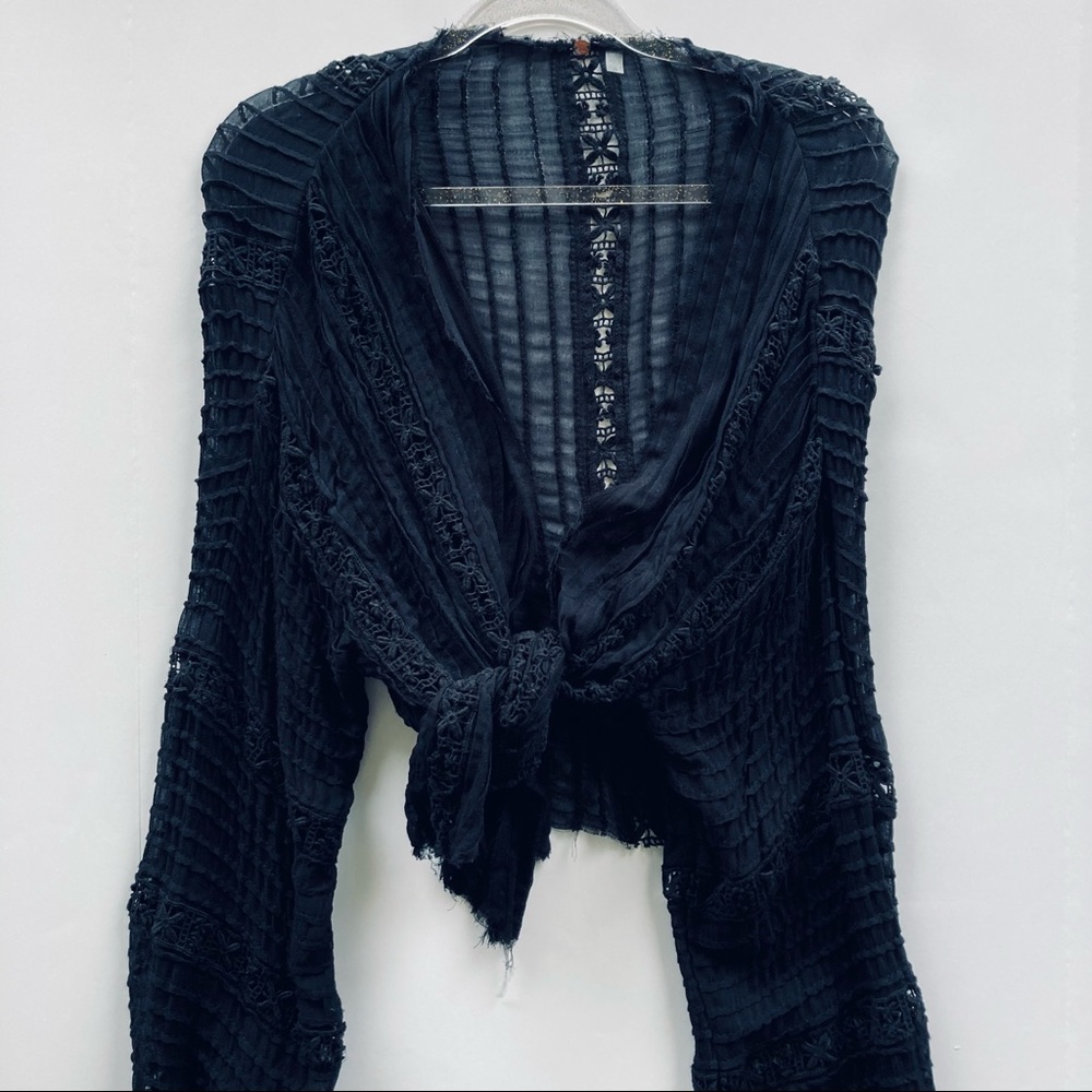 Free People Black Sheer Tie-Front Bell Sleeve Top - Picture 4 of 11